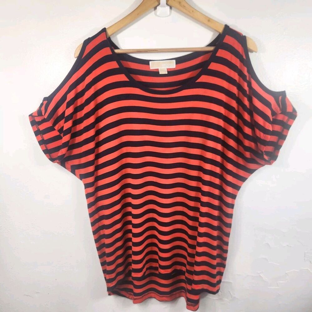 Michael Kors Women's Short Sleeve Open Shoulders Orange & Navy Striped Top L